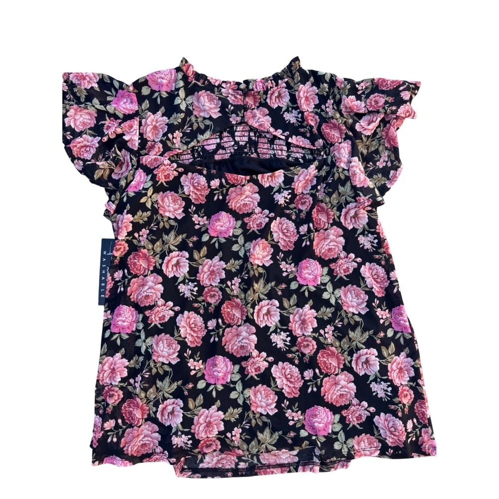 Sara Michelle Womens Black Floral Smocked Flutter Sleeve Top Size M‎